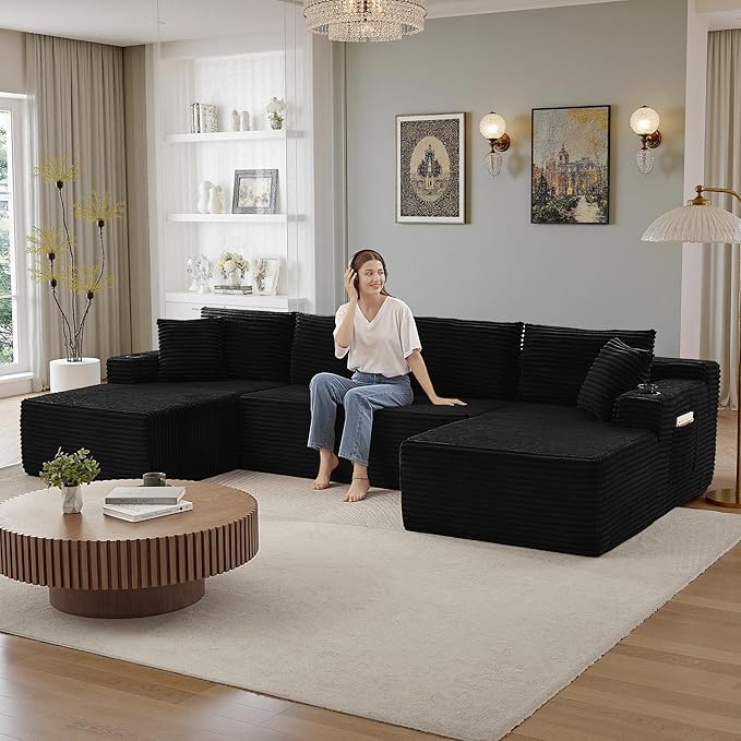 133" Sectional Couches for Living Room Cloud Couch Sofa with L-Shape Upholstered Boneless Couchs Modern Modular Sectional Couch with Chaise (Black, 133" W+U Facing Chaise)