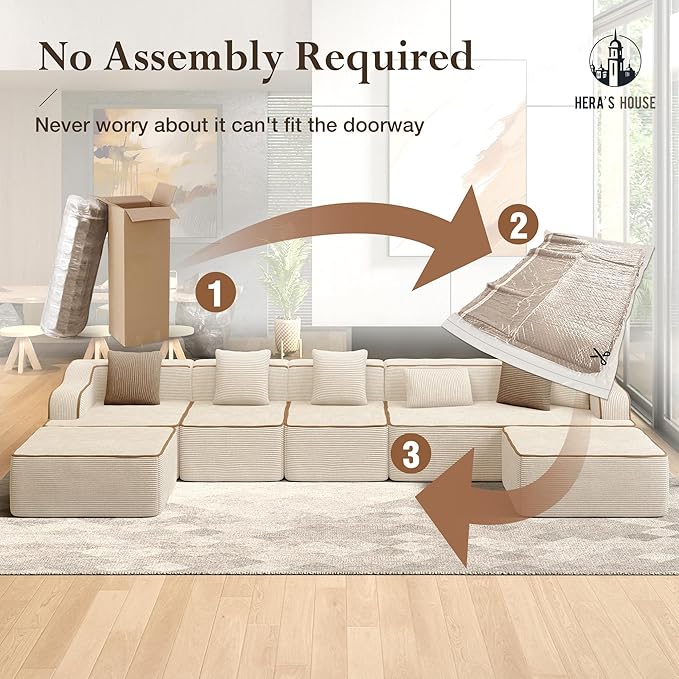 HERA'S HOUSE 163" Cloud Sectional Couch, Oversized U-Shaped Modular Upholstered Sofa with Ottomans, Corduroy Boneless Couches with 6 Throw Pillows for Living Room, No Assembly Required, Beige