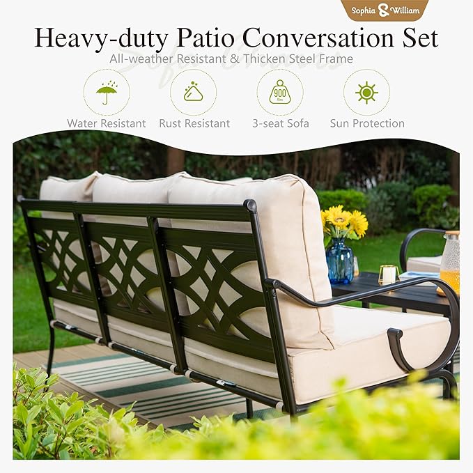 Sophia & William 6 Piece Outdoor Patio Furniture Set, 7 Seats Patio Conversation Sets with 45" Gas Fire Pit Table x 1, 3-seat Sofa x 1, Swivel Chair x 2, Cushioned Chair x 2, Beige