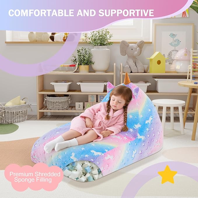 COMAX Unicorn Bean Bag Chairs for Kids 8-12, Kid Beanbag Chair with Filler, Big Toddler Lounge Bean Chair, Children Lazy Floor Lounger for Girls Boys, Glowing Rainbow