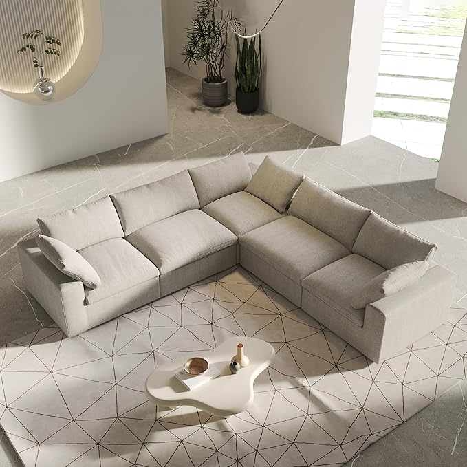 V-Shaped Cloud Sectional Couch, Modular Sectional Sofa, Modern Comfy Cloud Sofa, Covers Removable, Convertible Sleeper Couch for Living Room Apartment (Khaki, Linen Fabric)