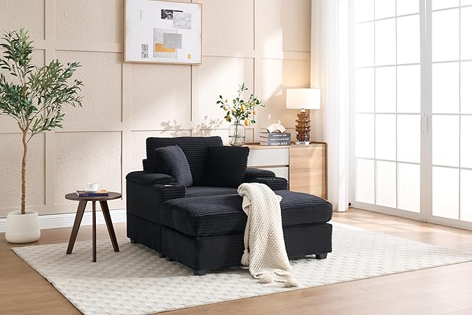 Wide Stripe Corduroy Chaise Lounge Sofa with Storage Handrail, Movable Ottoman, and Deep Seat, 5 Colors, Ideal for Living Room or Office Use