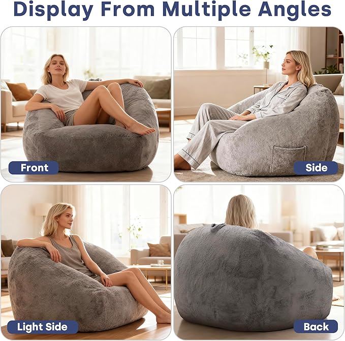 SUNBURY 47.2" Length L-Shaped Bean Bag Chair with Arms, Memory Foam Filled Floor Sofa with Handle & Side Pocket, Plush Faux Fur Chair for Adults, Living Room & Game Room (Gray)