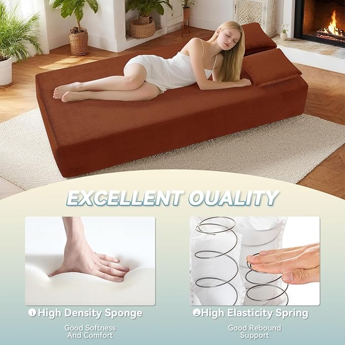 GJQ 3 Seater Couch for Living Room,83" Sofa in a Box,Cloud Sofa Bed with Tufted Cushion & Backrest, Corduroy Boneless Couch Upholstered Floor Sofa with Storage Pockets,No Assembly Required,Orange