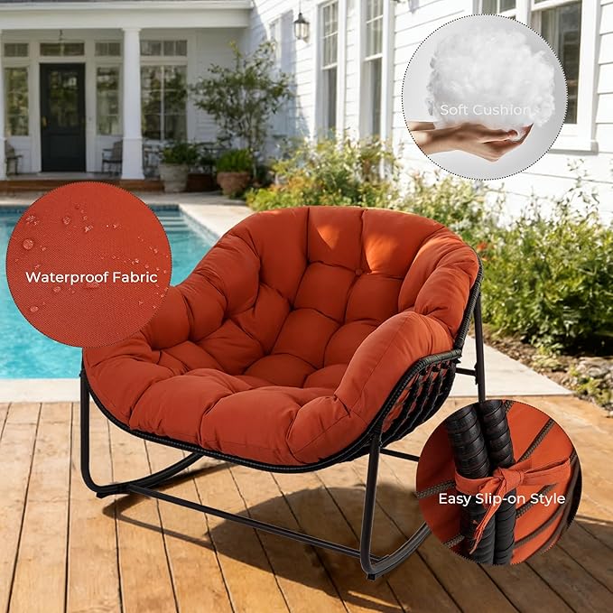 Sgentle Papasan Rocking Chair Outdoor, Oversized Patio Rocking Chair with Cushions & Steel Frame, Wicker Egg Lounge Chair Indoor, Comfy Reading Chair for Patio, Deck, Porch (Red, Style 1)