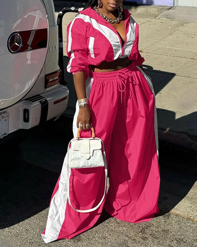 Women Striped 2 Piece Outfits Fall Workout Sets Windbreaker Tracksuit Crop Jacket Wide Leg Pants with Pockets