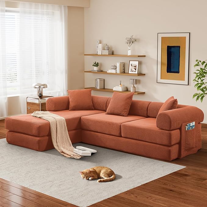 L Shaped Convertible Modular Sofa Bed with Cylindrical Pillow & Reversible Chaise, Corduroy Folding Floor Sofa Couch Bed with Fixed-Shape Frame & Storage Pocket for Living Room, Orange