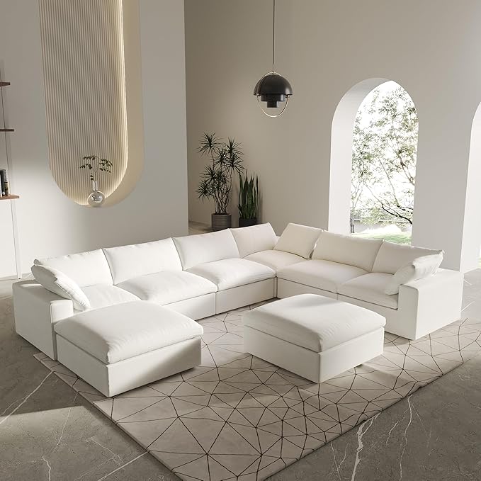 8 Seater Cloud Sectional Couch, Oversize Modular Sofa, Modern Comfy Cloud Sofa with Storage Ottomans, Covers Removable, Convertible Sleeper Couch for Living Room Apartment (White, Linen Fabric)