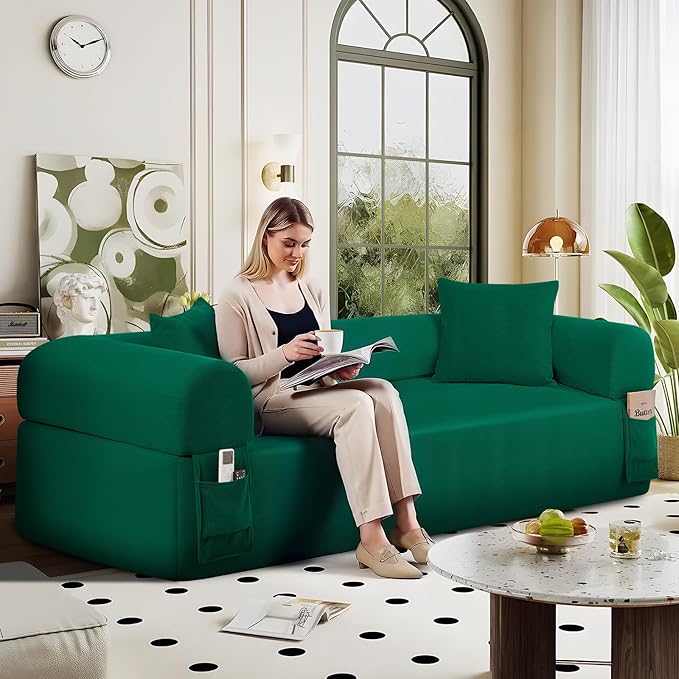 83" Boneless Couch, 3 Seater Sofa with 2 Matching Pillows Compact Corduroy Couches for Living Room Side Storage Pockets, Floor Sofa with Removable Armrests, No Assembly Required, Green