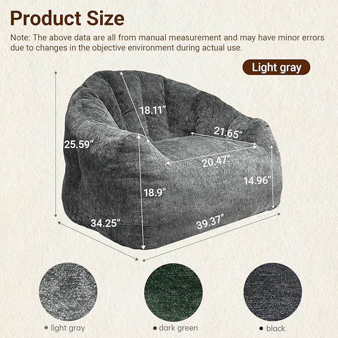Bean Bag Chair for Adults, Comfortable Armchair, Floor Chair, Large Fluffy Bean Bag Sofa for Living Room Accent, Dormitory, Bedroom Reading Chair