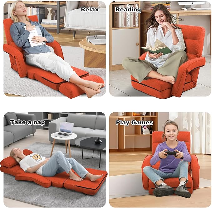 Indoor Floor Chair with Armrest and Pillow Folding Chaise Lounge Sofa 14-Position Adjustable Comfy Gaming Recliner Chair Padded Seats for Adults (Orange)