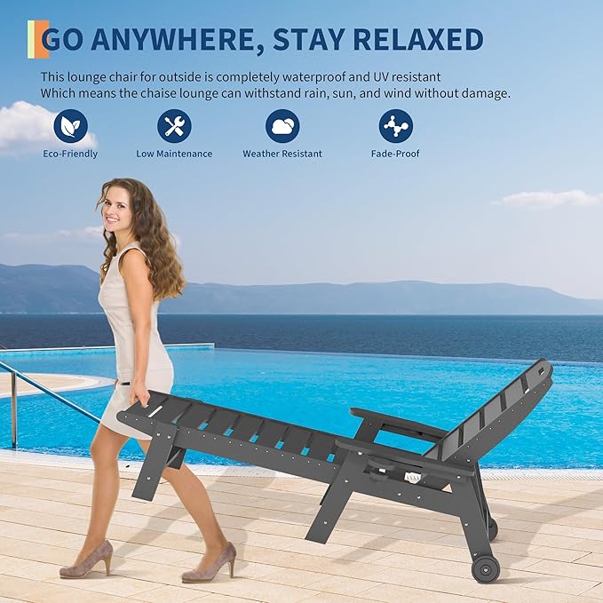 GarveeLife Outdoor HDPE Chaise Lounge with Rolling Wheels, Oversize HDPE 5-Position Pool Lounge Chairs, Pool Lounges Chairs
