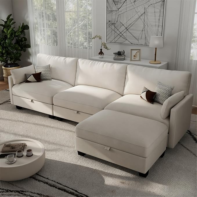 Modular Sectional L Shaped Sofa Couches for Living Room, Cloud Couch with Storage Ottoman, Comfy Chenille Sofa with Pillow, Beige