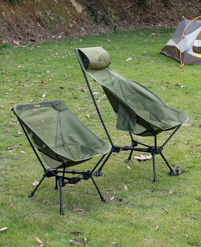 iClimb Ultralight Compact Camping Folding Beach Chair with Anti-Sinking Large Feet and Back Support Webbing (Black - Triangular Frame)