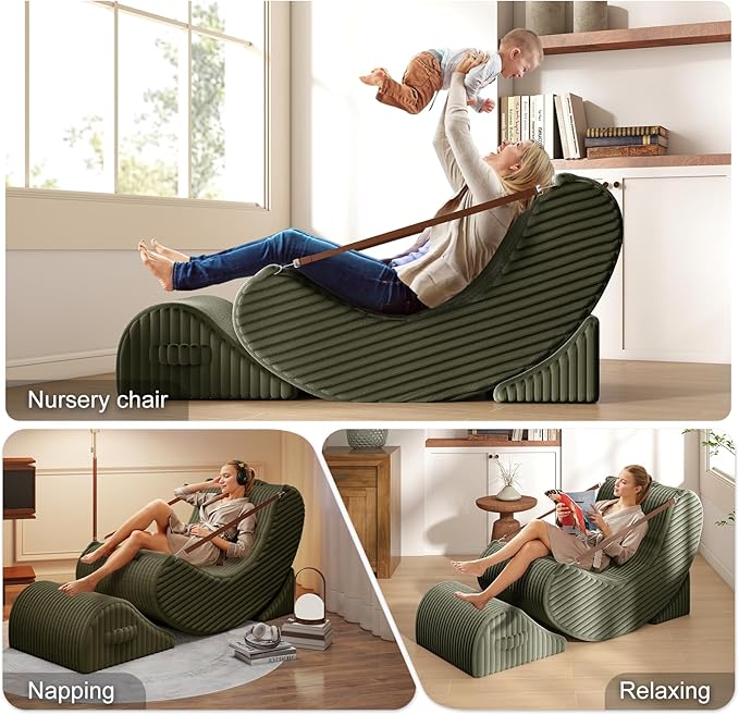 Gaint Bean Bag Chairs for Adults, Beanbag Lounge Filled with Memory Foam, Adjustable Angle, Corduroy Fabric, with Detachable Footrest for Bedroom, Living Room and Nursery(Olive Green)