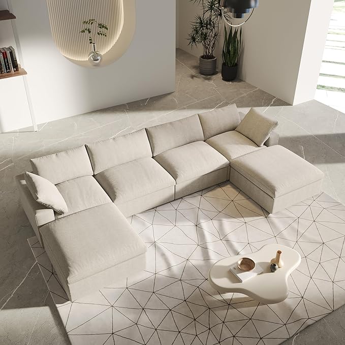 U-Shaped Cloud Sectional Couch, Oversize Modular Sofa, Modern Comfy Cloud Sofa with Storage Ottomans, Covers Removable, Convertible Sleeper Couch for Living Room Apartment (Khaki, Linen Fabric)