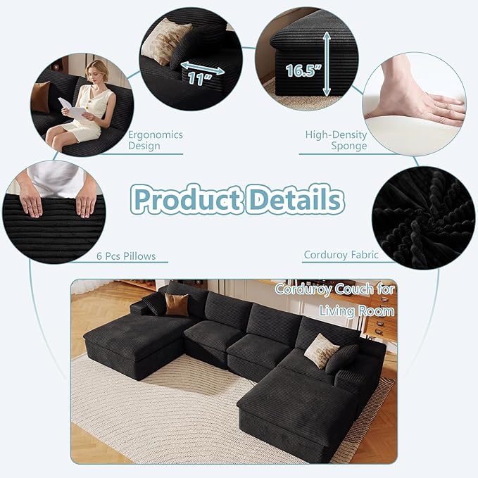 136" Cloud Sectional Couch with U-Shaped Chaise,Corduroy Viral Boneless Sofa with Ottoman,Memory Foam Couches in a Box with Deep Seat for Living Room,No Assembly Required (Black,Left-Facing Chaise)