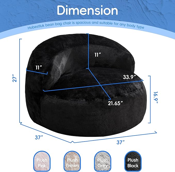 Hobestluk Bean Bag Chair Giant Bean Bag Chairs for Adults Big Bean Bag Chair with Memory Foam Filler Adults Large Beanbag with Faux Fur Cover for Bedroom (Plush Black,Large)