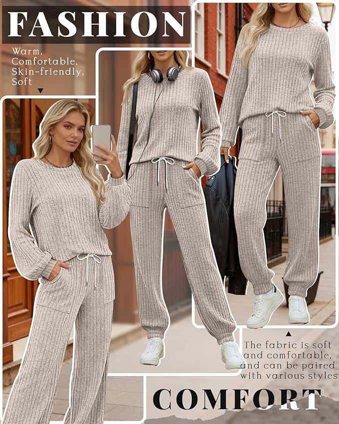 Sweetyweee Women's Ribbed Knit Lounge Sets 2 Piece Outfits Long Sleeve Pajamas Set Loungewear Sweatsuits Fall Pjs with Pocket