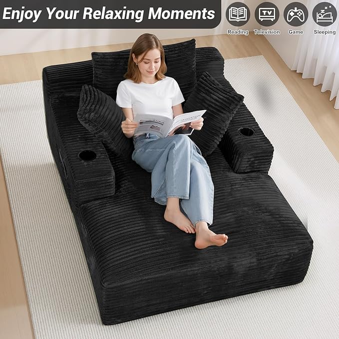 50"W x 68"D Oversized Chaise Lounge Chair Indoor Boneless Reading Chair Plush Corduroy Recliner with Cup Holders Large Deep Seat Comfy Sofa Bed Couch with 3 Pillows for Living Room Bedroom, Black