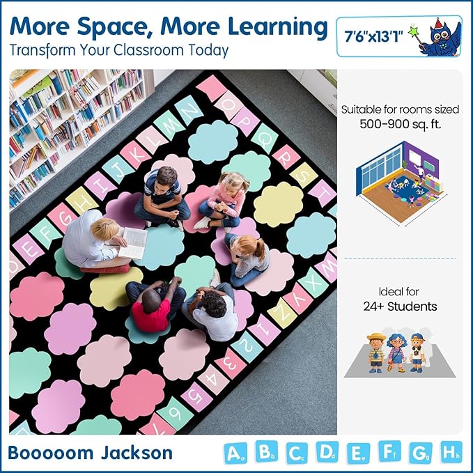 Booooom Jackson 7'6''x13' Pastel Clouds Classroom Rug for Kids Room Seating Décor - Thick Nylon Large Preschool Carpet Daycare Rug for Teaching & Playroom, Non-Slip &No Triping,20X Stain Resistance