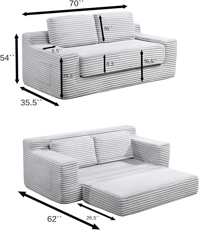 Loveseat Cloud Boneless Couch, Upholstered Floor Sofa with Armrests, 2-in-1 Convertible Corduroy Couch Bed for Living Room, Apartment, Grey
