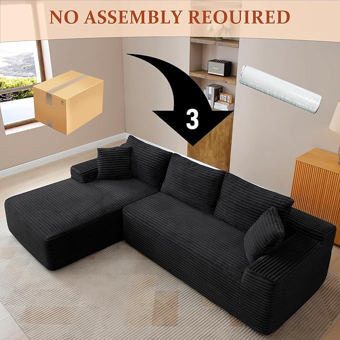 HYJT-H&K Modular Sectional Sofa Cloud Sectional Couch, 95" Comfy Fluffy L Shaped Black Couches for Living Room, Deep Seat Memory Foam Plush Corduroy Boneless Couch Sectionals Left Facing Chaise Sofa
