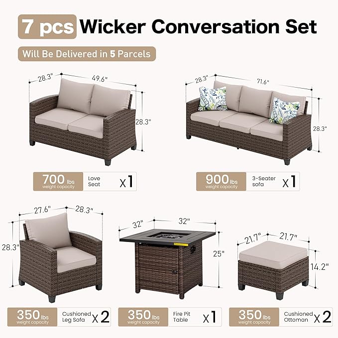 Patio Furniture Set Outdoor Furniture Brown Wicker Rattan Patio Conversation Sets with Cushion Outside Sofa Set,6 Pieces with Firepit Table,9 Seats,Beige