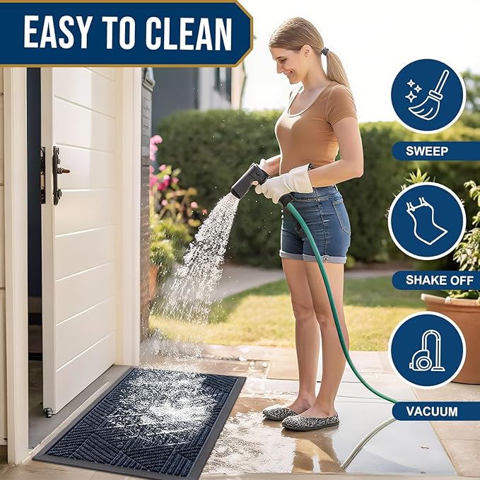 Kitinjoy Front Door Mat Outside Entrance, Sturdy Natural Dirt Trapper, Heavy Duty Rubber Doormat, Low Profile Non-Slip Backing, Easy Clean Floor Mat for Indoor Outdoor Entry, 47X32 Inch, Navy Blue
