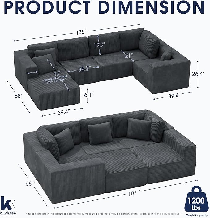 KINGYES 135'' Modular Sectional U Shaped Sofa, Upholstered Corduroy Boneless Couch Cloud Couch for Living Room, Gray