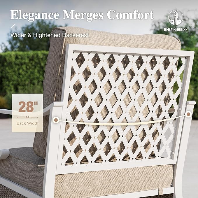 HERA'S HOUSE 4-Piece Patio Furniture Set with Metal & Rattan Design, Includes 2 Rocking Chairs, 3-Seat Sofa & Marble Coffee Table, All-Weather Outdoor Conversation Set for Garden Backyard, Beige