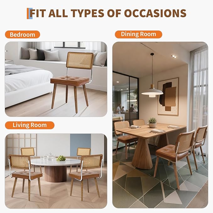 GarveeHome Natural Rattan Dining Chairs Set of 6, PU Upholstered Kitchen Chairs with Tall Cane Backrest and Strong Wood Legs for Dining Room, Kitchen, Restaurant, Brown