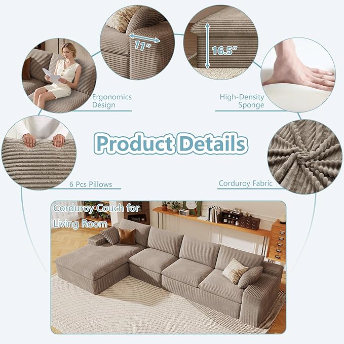 136" Cloud Sectional Couch with L-Shape Chaise, Modern Corduroy Viral Boneless Sofa for Living Room,Memory Foam Couches in a Box with Deep Seat,No Assembly Required (Camel,Left-Facing Chaise)