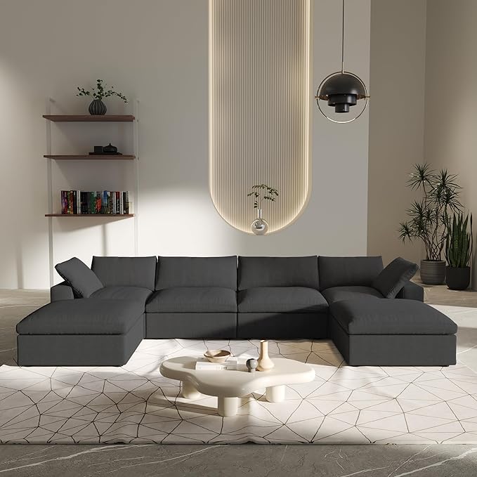 U-Shaped Cloud Sectional Couch, Oversize Modular Sofa, Modern Comfy Cloud Sofa with Storage Ottomans, Covers Removable, Convertible Sleeper Couch for Living Room Apartment (Black, Linen Fabric)