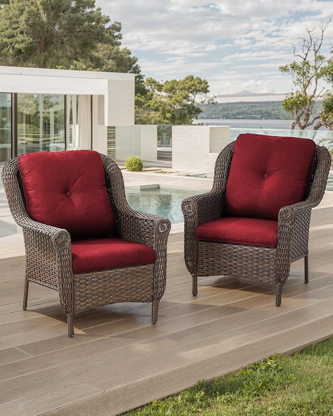 ACTREST Patio Wicker Chairs Outdoor Furniture Chair - Set of 2 Outside All Weather Lawn Dining Brown Rattan Armchair with High Back&Deep Seating for Deck Porch Balcony Backyard Garden - Red