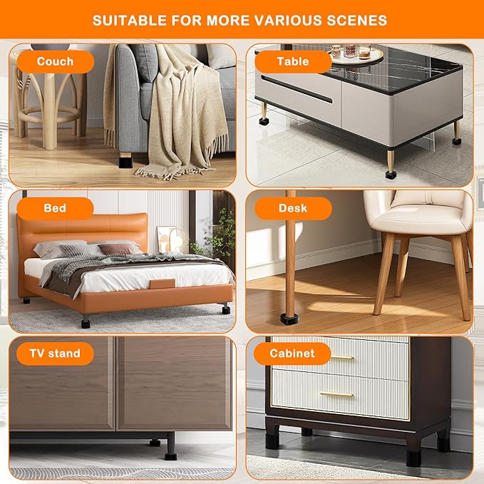 shouwuhho 4 Pack Furniture Risers Adjustable Bed Risers Heavy Duty Lifts Height 1", Square Stackable Bed Risers 1, 2 or 3 Inch for Desk Leg Table Couch Sofa Chair Bed Frame Legs Dorm, Black