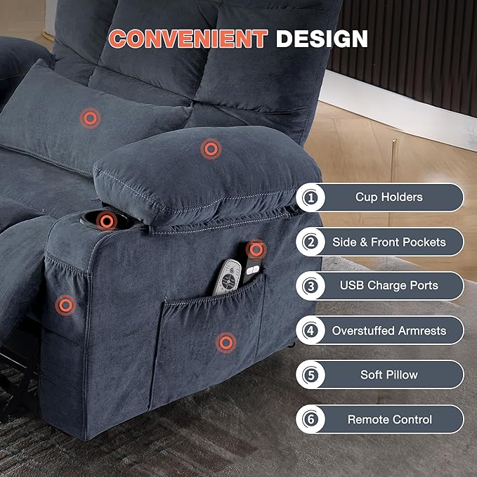 Power Lift Recliner Chair for Elderly with Vibration Massage and Lumbar Heating, Electric Lift Recliner Single Sofa with Side Pocket, Two Cup Holders and USB Charge Port for Living Room