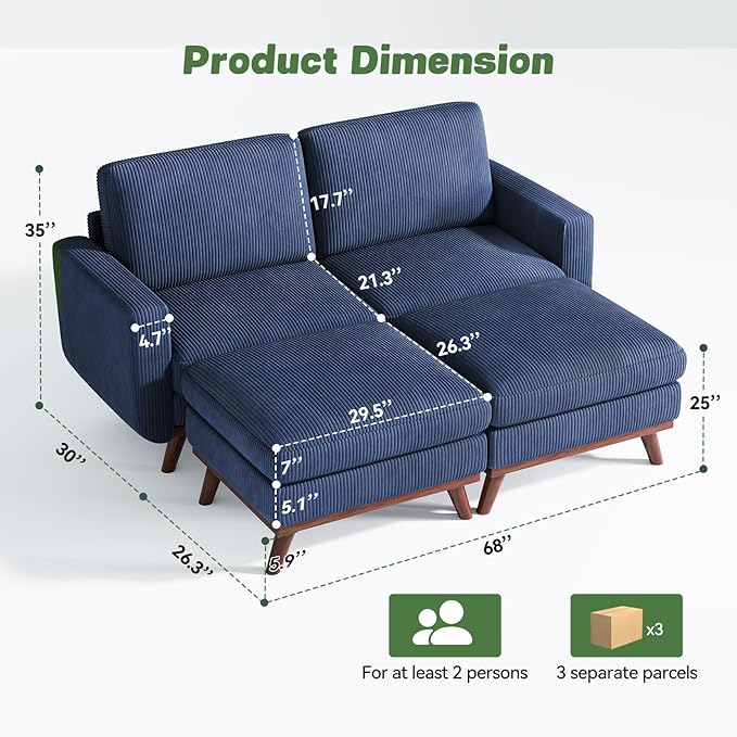 Vesgantti 68" Loveseat Sofa with Movable Ottoman, Comfy Corduroy Couch with Spring Cushion, Sofa Couch with Solid Wood, Modern Office Sofa with Deep Seat for Living Room and Bedroom, Dark Blue