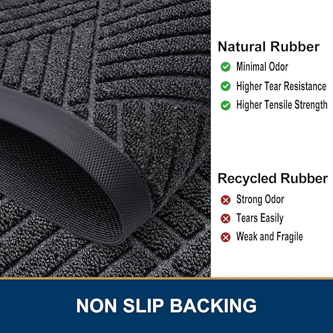 Smiry Front Door Mat Outside Entrance, Heavy Duty Outdoor Indoor Mat, Natural Rubber Doormat, Non Slip, Trap Dirt and Moisture, Easy Clean, Low Profile Patio Porch Entryway Mat, 29.5x17, Black Grey