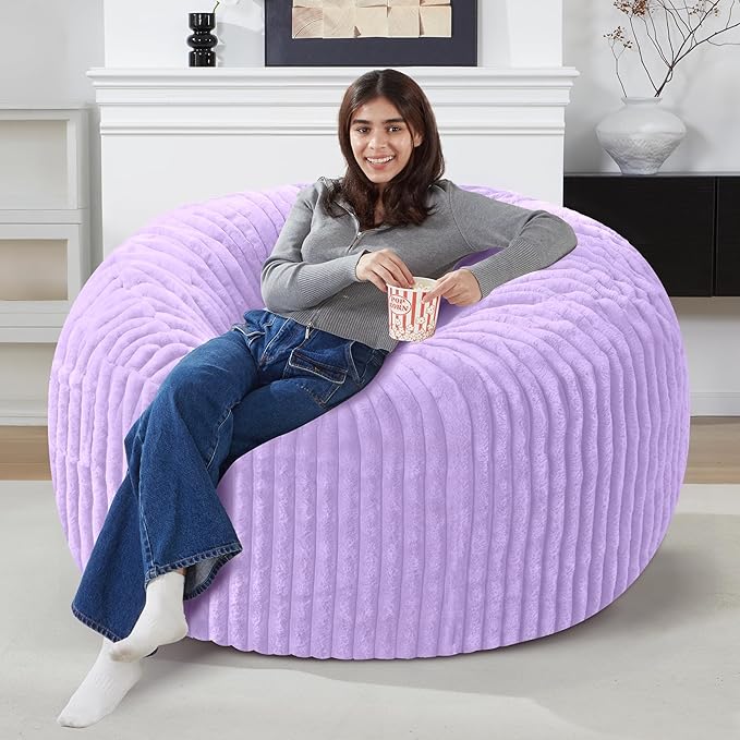Homguava 3 FT Bean Bag Chair,3' Big Bean Bag,Large Bean Bag Chairs for Adults with Memory Foam Filled,Comfy Beanbag Chairs Soft Bean Bag Sofa with Dutch Corded Plush Cover-Purple