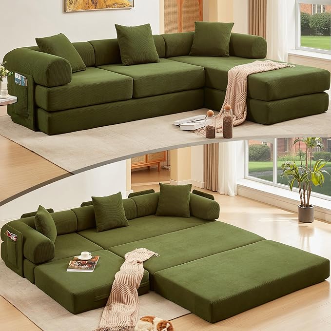 L Shaped Convertible Modular Sofa Bed with Cylindrical Pillow & Reversible Chaise, Corduroy Folding Floor Sofa Couch Bed with Fixed-Shape Frame & Storage Pocket for Living Room, Green