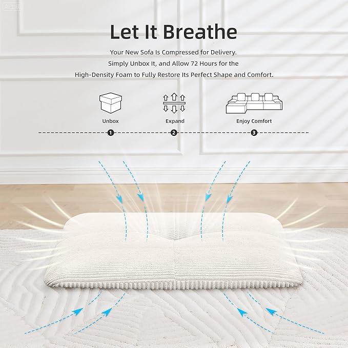 118" Modern L-Shaped Modular Sectional Sofa, Boneless Modular Couches for Living Room, Corduroy Upholstered Sofa with Deep Seat, Oversized 3-Seater Cloud Sectional Couch, No Assembly, Beige