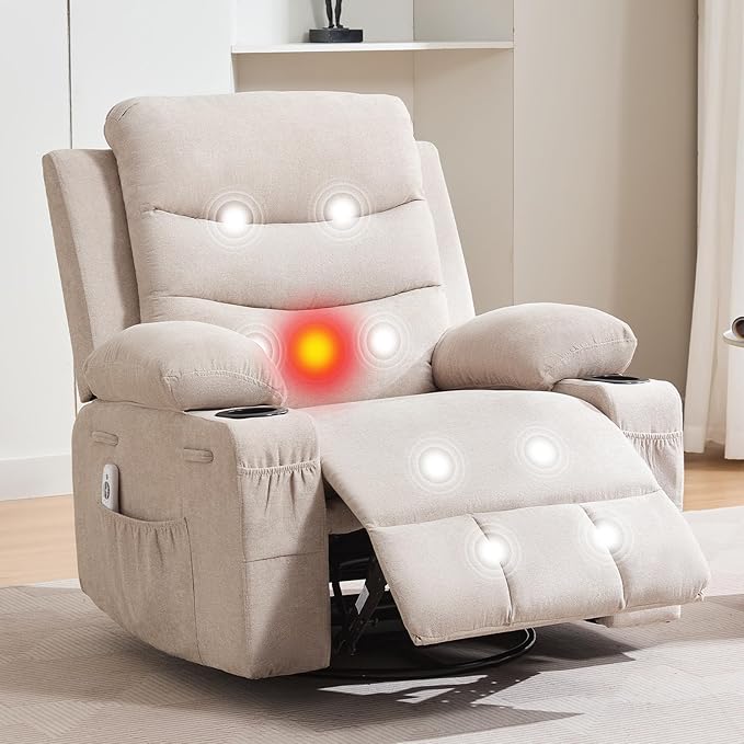 Recliner Chair Nursery, Oversized Manual Reclining Rocking Chair, 360 Swivel Glider with Cup Holder, Massage and Heat Recliner, Indoor Small Single Sofa Chairs for Adults, RV, Bedroom, Line Beige
