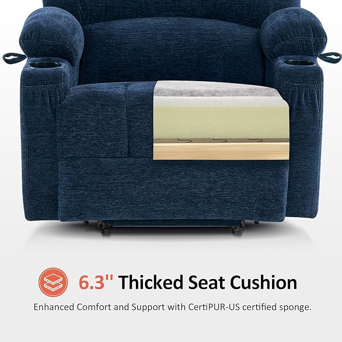 MCombo Power Lift Recliner Chair for Elderly, Lift Chair with Heat and Massage, Extra Wide Lift Recliner for Big People, Fabric R7096 (Medium-Wide, Navy Blue)