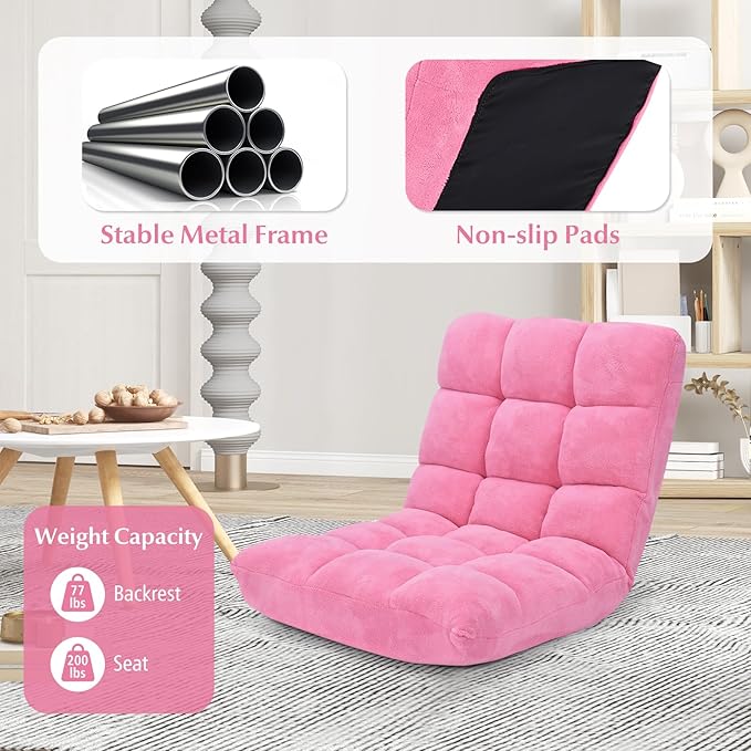 ARLIME Adjustable Floor Chair, 14-Position Lazy Sofa Chair with Back Support & Thick Padding, Portable Foldable Floor Couch for Adults, Kids, Use in Bedroom, Living Room, Home Theater (Pink)