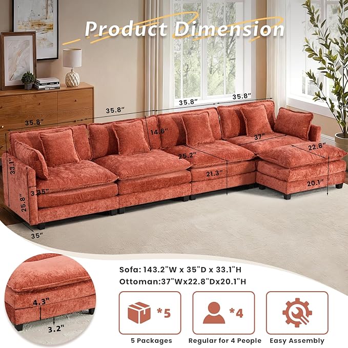 SoarFlash 149.61" Chenille Sectional Sofa, Comfy L Shaped Modular Coush Sofa with Ottoman, Modern 4 Seat Couch Deep Seat Sofa Set for Living Room,Orange
