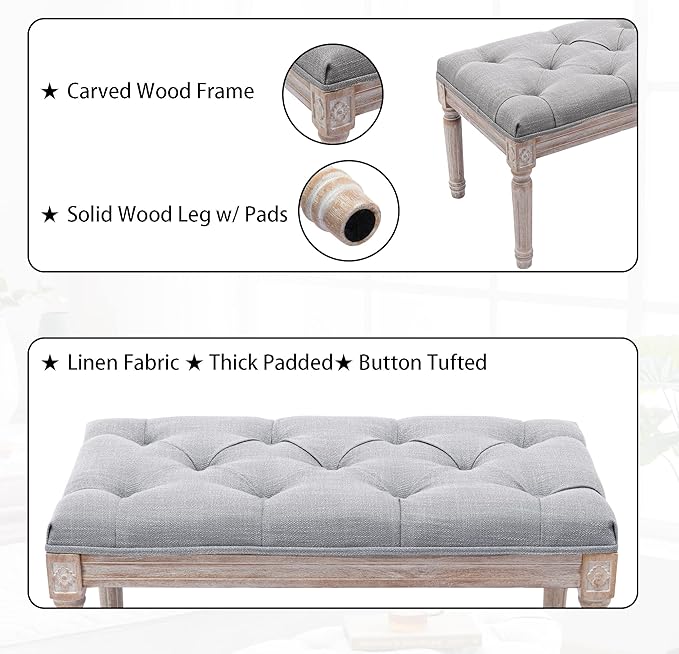 DM Furniture Ottoman Bench Upholstered Fabric Rectangle Entryway Bench, Tufted Piano Bench for 2 People, Rubber Wood Legs with Beautiful Carved Pattern for Bedroom/Living Room/Dining Room (Grey)