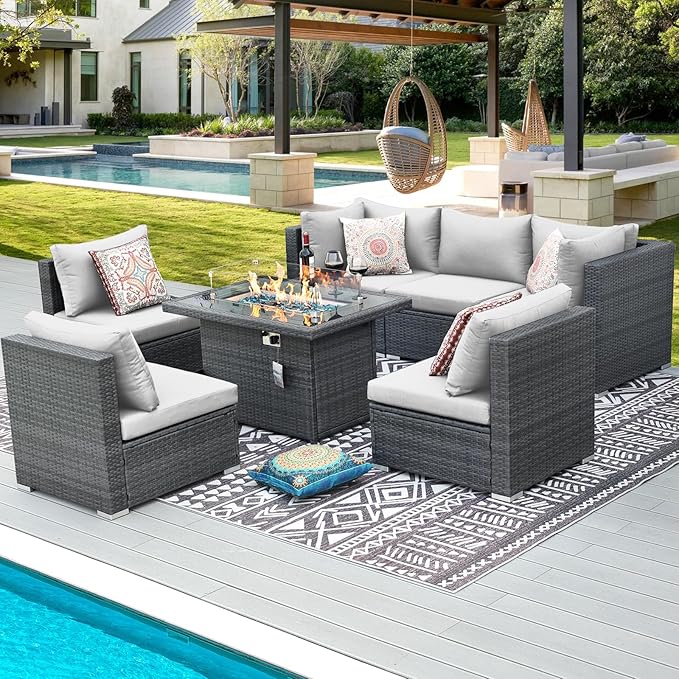 RADIATA 7 Piece Wicker Patio Furniture Set with Fire Pit, All-Weather Outdoor Sectional Couch High Back Large Size, Modular Backyard Seating Sofa Set with Propane/Natural Gas Firepit Table, Light Grey