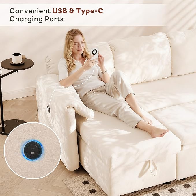 Tbfit 109'' Pull Out Sofa, Sleeper Sofa Bed with USB & 2 Storage Chaises, Comfy Oersized U Shaped Convertible Sectional Sleeper Couches for Living Room, Apartment, Office, Beige