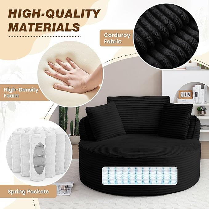 53"W Oversized Round Chaise Longue Chair Indoor,Corduroy Fluffy Comfy Cloud Chair,Circle Bean Bag Sofa with Foam Filling & Pillows,Boneless Reading Cozy Sofa Chairs for Living Room,Bedroom,Black